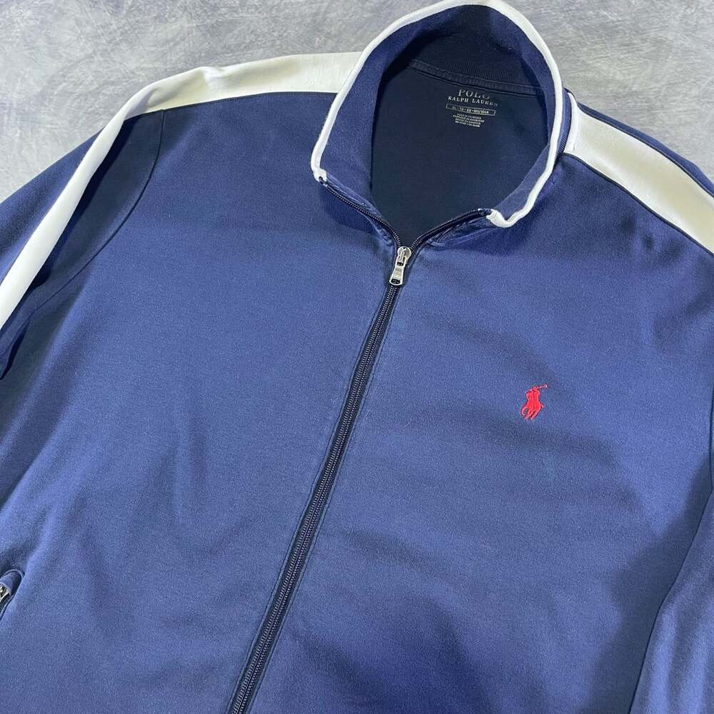 Polo Ralph Lauren Navy Blue Full-Zip Track Jacket with White Stripes Size XL